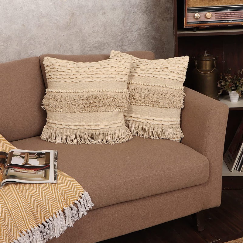 Red Earth REDEARTH Â· Tufted Throw Pillow Cushion Covers - Boho Textured Woven Decorative Cases Set for Couch - Sofa - Bed - Farmhouse - Chair - Patio - Outdoor - car - 100% Cotton (18x18 ; Natural) Pack of 2 - Image 2